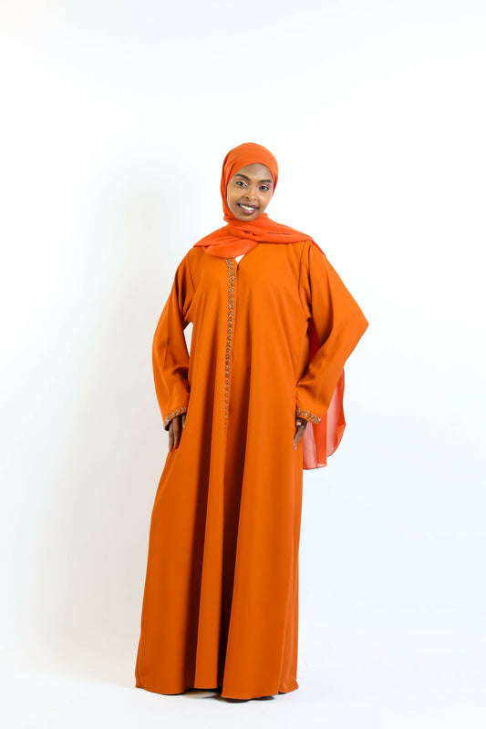 Burnt Orange Jewel-Trim Abaya