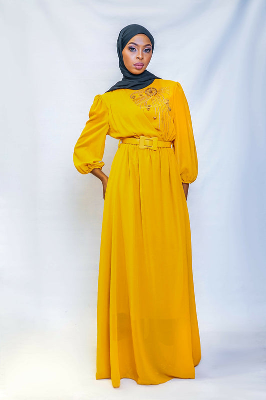 Golden Sun Belted Maxi Dress