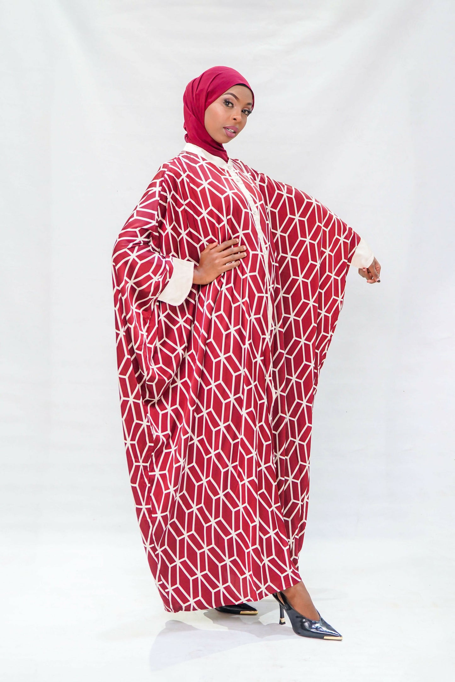 Crimson Geometric Silk-Touch Kaftan