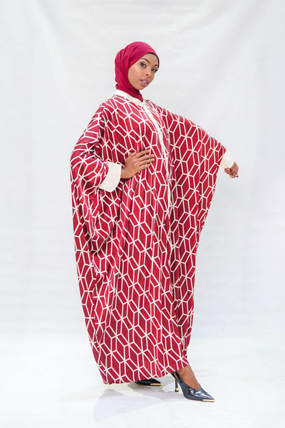Crimson Geometric Silk-Touch Kaftan