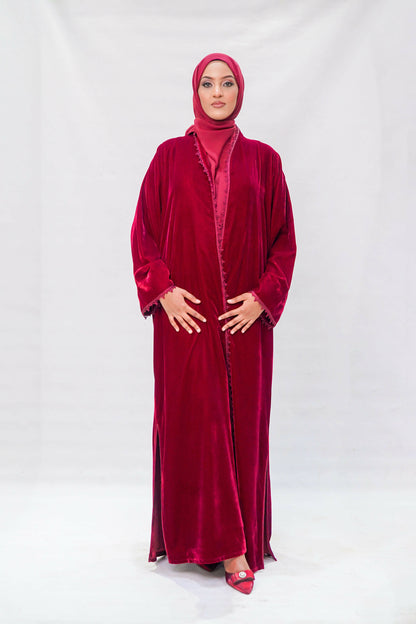 Crimson Royale Velvet Open Abaya