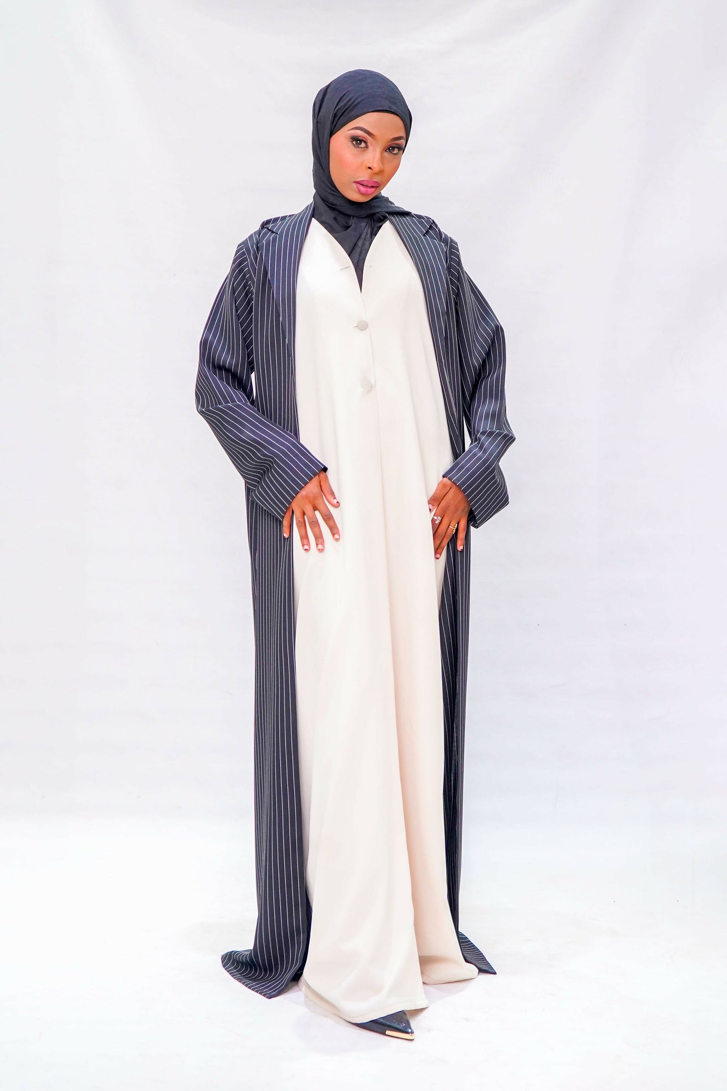 Power Stripe Abaya & Cream Inner Dress Set