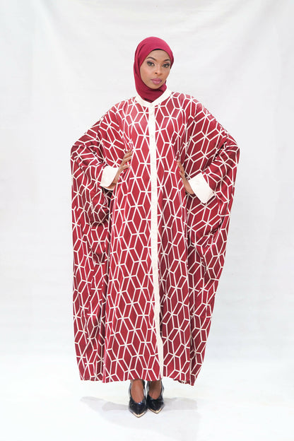 Crimson Geometric Silk-Touch Kaftan