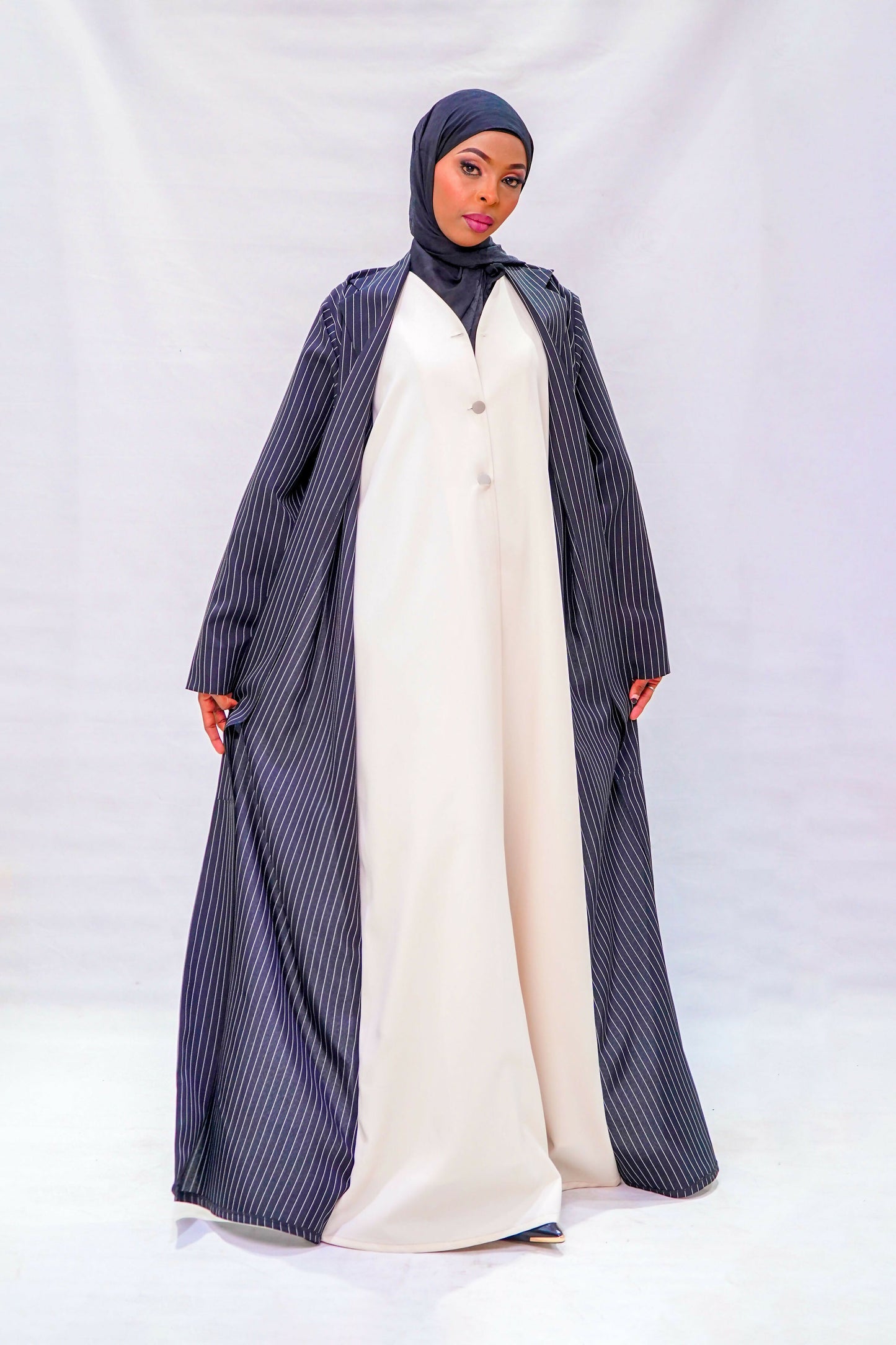 Power Stripe Abaya & Cream Inner Dress Set