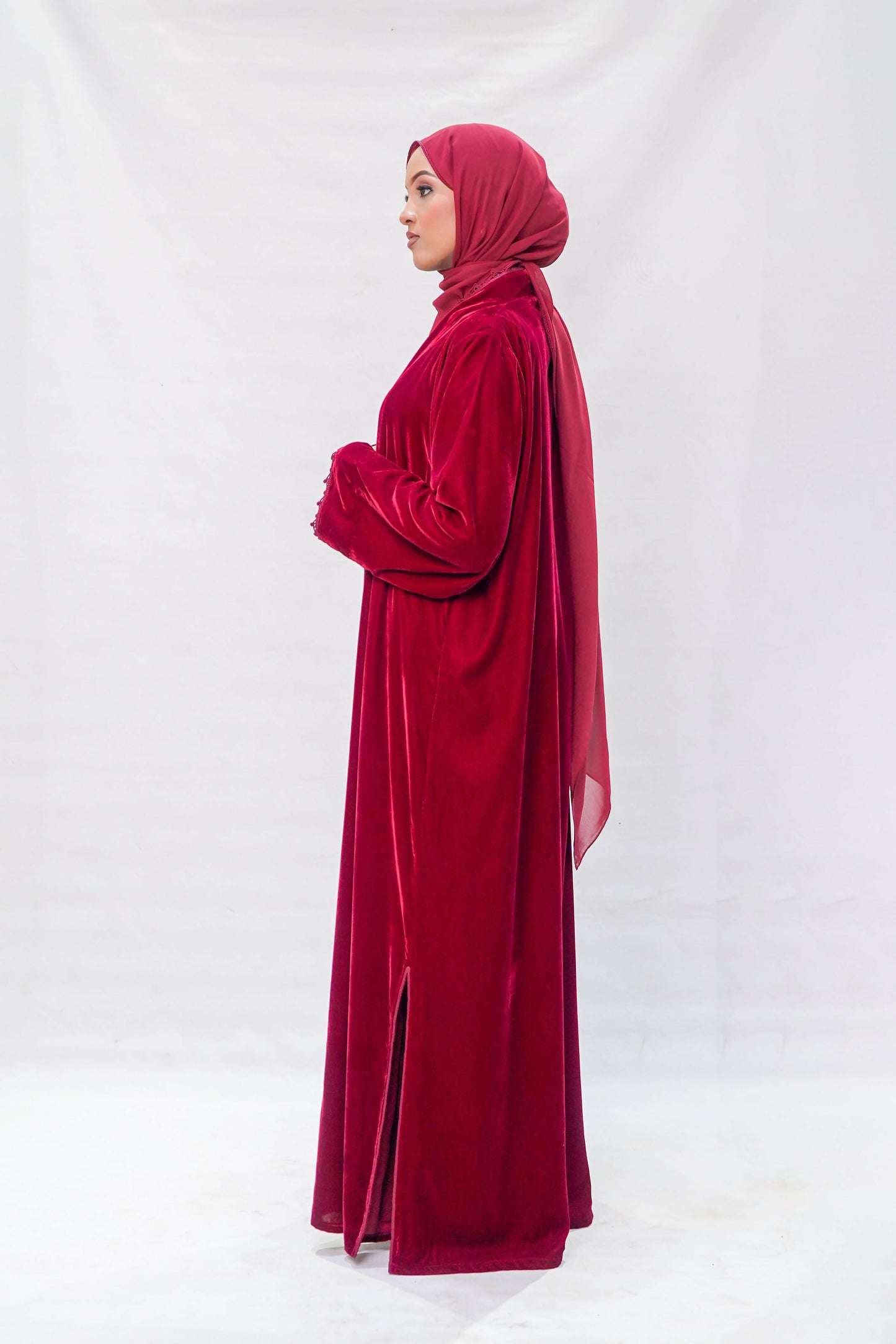 Crimson Royale Velvet Open Abaya